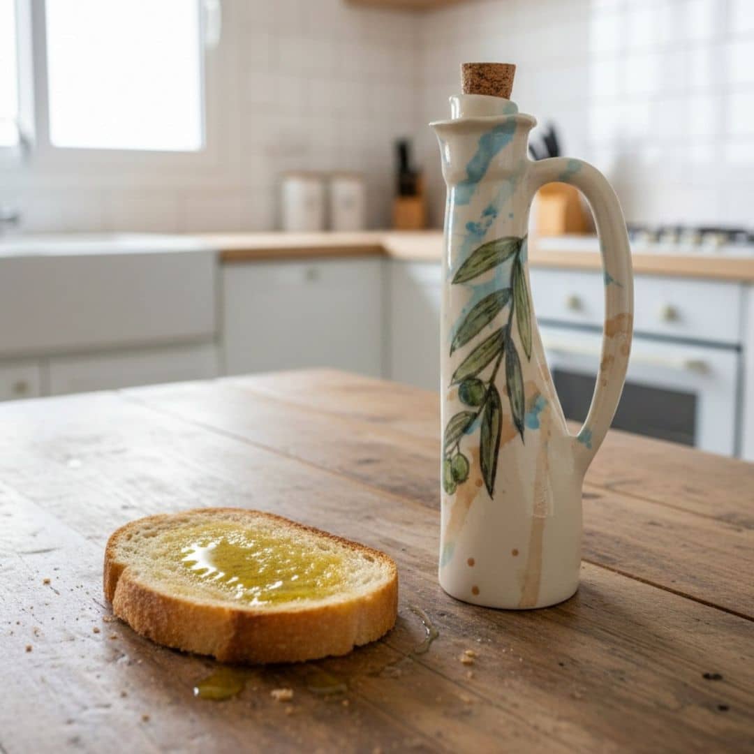 Aceitera hecha a mano con pan rama de olivo