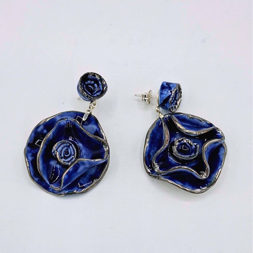 Pendientes Clavel y rosas azul cobalto y plata