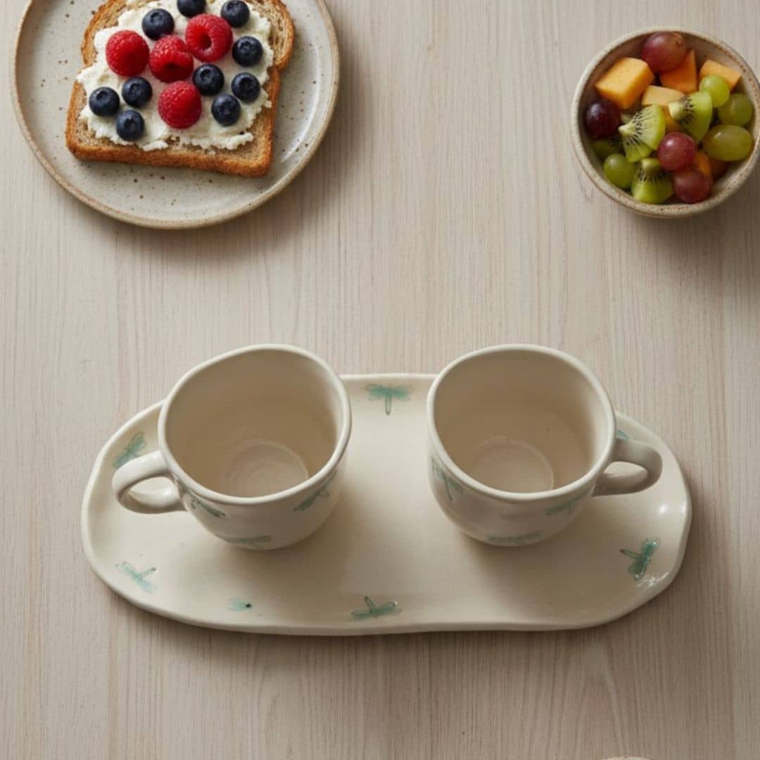 Set desayuno en gres hecho a mano libélula
