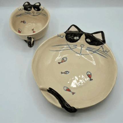 Vajilla-gato-negro-cuenco-y-plato